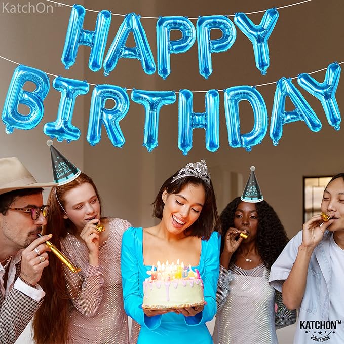 KatchOn, Blue Happy Birthday Balloons - 16 Inch | Blue Happy Birthday Decoration Banner for Birthday Party Decorations | happy birthday Foil Balloons for blue birthday decorations