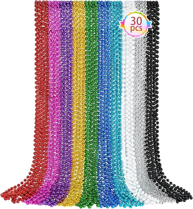 SHAOQINLIN 30 PCS Mardi Gras Beads Necklaces, 10 Colors 33 Inch Colorful Bead Necklaces Bulk Round Party Beads for Mardi Gras, St. Patrick's Day, Christmas, Carnival Party Favor
