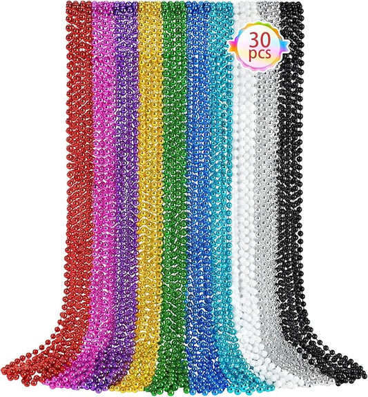 SHAOQINLIN 30 PCS Mardi Gras Beads Necklaces, 10 Colors 33 Inch Colorful Bead Necklaces Bulk Round Party Beads for Mardi Gras, St. Patrick's Day, Christmas, Carnival Party Favor