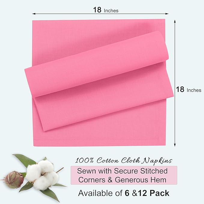 Ruvanti Cloth Napkins Set of 6, 18x18 Inches, 100% Cotton, Washable, Soft & Absorbent, Perfect for Wedding, Christmas, ‎Thanksgiving Dinners - Pink