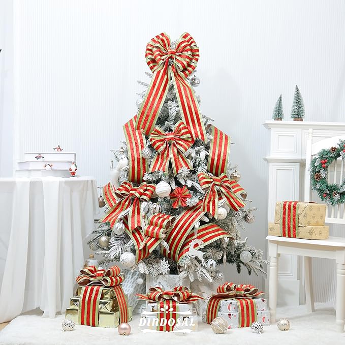 Red Velvet Wired Ribbon with Lime Green Glitter Stripe 4 Inch Extra Wide Crushed Velvet Christmas Ribbon, 10 Yards for Gift Wrapping, Crafts, Christmas Tree Decorations, Wreaths, Garlands