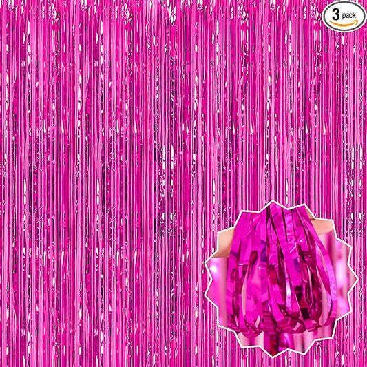 3 Pack Fuchsia Foil Fringe Curtains Backdrop, 3.28 x 8.2 Ft Metallic Streamers Tinsel Curtains Background for Photo Booth, Birthday, Halloween, Christmas, Thanksgiving, New Year Party Decorations