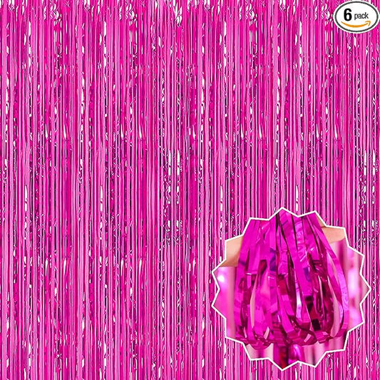 6 Pack Fuchsia Foil Fringe Curtains Backdrop, 3.28 x 9.8 Ft Metallic Streamers Tinsel Curtains Background for Photo Booth, Birthday, Halloween, Christmas, Thanksgiving, New Year Party Decorations