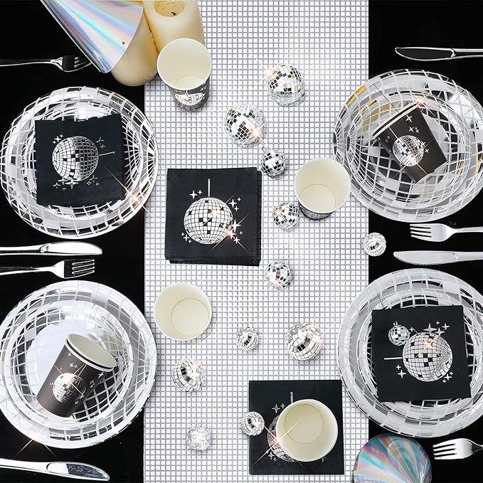 121 Pcs 70s 80s Disco Ball Christmas Party Decorations Disposable Paper Plates Napkins Cups Bachelorette Silver Balls Tableware Set for Wedding Cocktail Birthday Dancing Queen Party(Black, Silver)