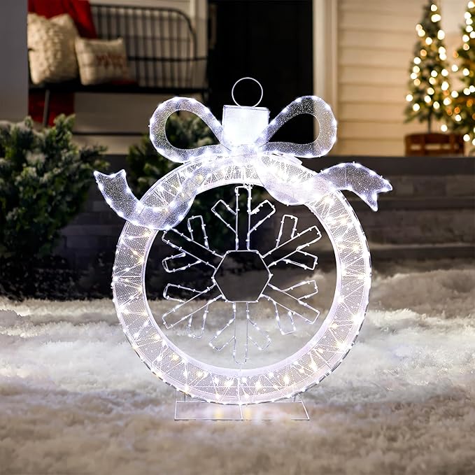 LuxenHome 3FT Lighted Ornament Christmas Outdoor Decorations, Large Light Up Christmas Ornament with Snowflake Yard Decorations Outdoor with 270 LED Lights, Lawn Decor for Xmas, Porch Display