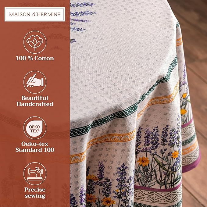 Maison d' Hermine Table Cloth Round Table 100% Cotton 69 Inches Tablecloth Reusable Decorative Everyday Use for Dining Room, Farmhouse, Home, Party, Festive & Wedding Spring Summer - Fanny Lavender
