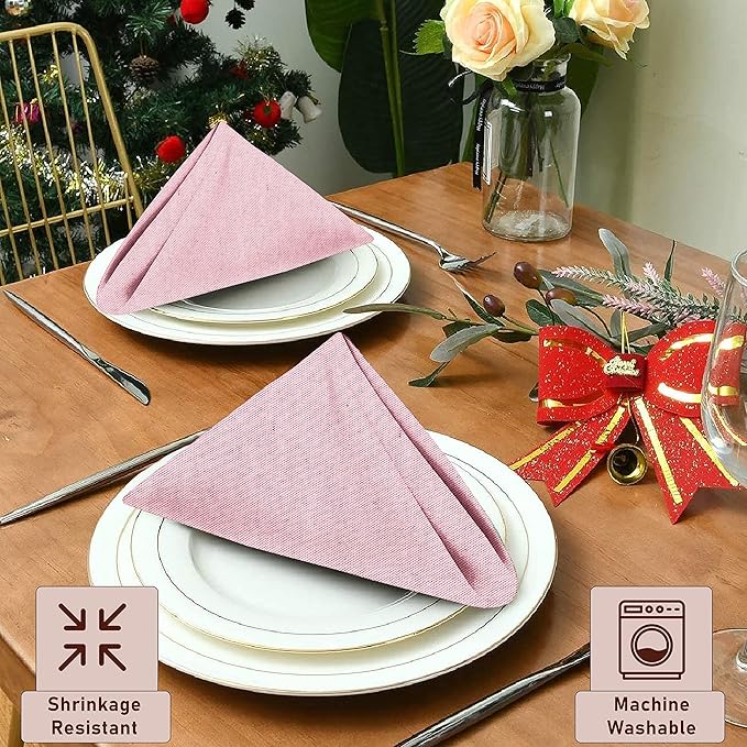 Ruvanti Cloth Napkins Set of 12, 18x18 Reusable Napkins Cloth Washable, Soft & Durable Table Napkin, Poly Cotton Fabric Dinner Napkins for Parties, Christmas, Thanksgiving, Weddings - Pink