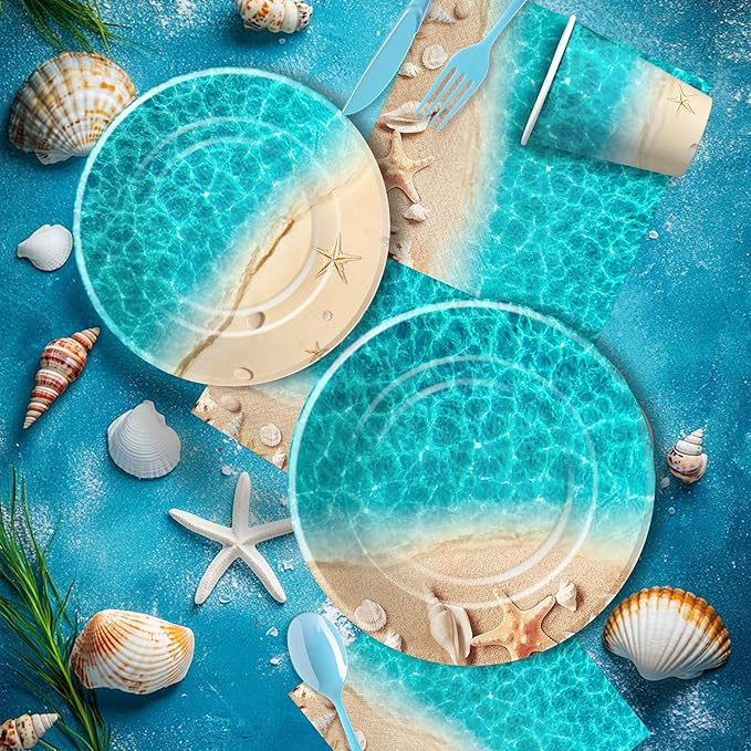 Beach Party Decorations, Ocean Seashell Party Supplies, Plate, Cup, Napkin, Tablecloth, Cutlery, Banner, Ocean Beach Table Decorations For Birthday Baby Shower Wedding, Serves 24