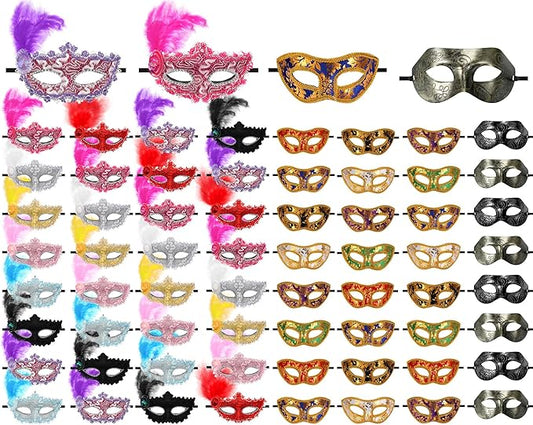 Sratte Couple Masquerade Mask with Feather Flower Unisex Half Face Venetian Mask for Mardi Gras Party