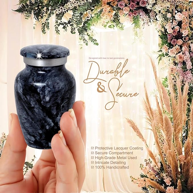 Small Keepsake Urn for Human or Pet Ashes – Handcrafted Dark Black Marble Mini Urn with Velvet Bag & Gift Box | Durable Metal Memorial Token Jar for Baby, Infant, Pet or Loved One – 3 Cu in