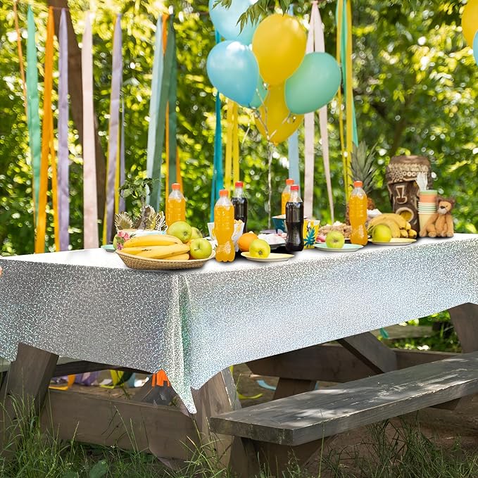 8 pcs Silver Holographic Tablecloths Shiny Disco Laser Table Cloths 40" x 108" Iridescence Plastic White Table Cover for Birthday Party Decoration Wedding Christmas Winter Grad Party Supplies