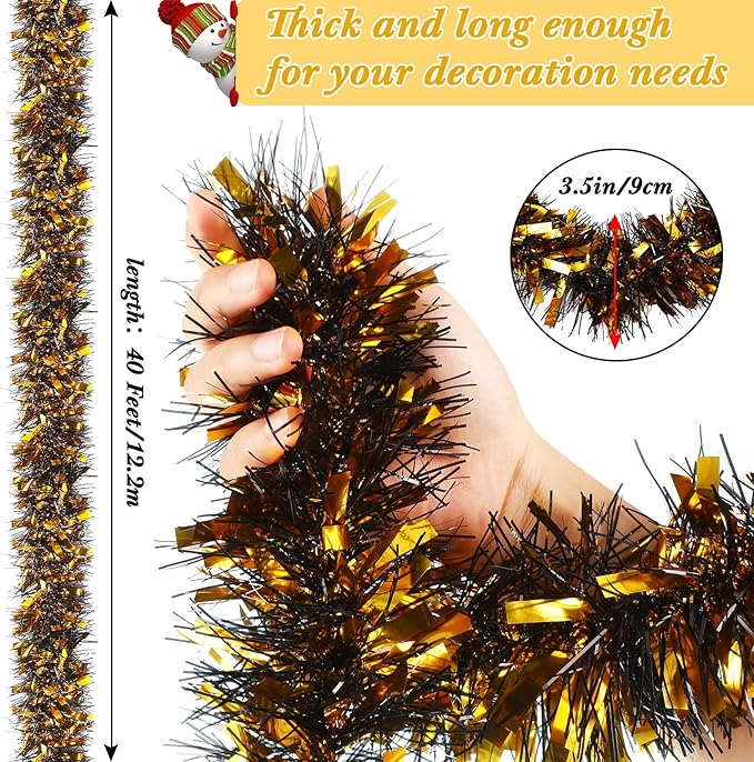 Dilunave 40 Feet Christmas Tinsel Garland Metallic Foil Twist Tinsel Garland Decoration for Christmas Tree, Wedding, Birthday and Party Hanging Decorations(Black, Gold)