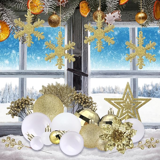 Sratte 94 Pcs Christmas Tree Decorations Set, Christmas Tree Ball Ornaments Glitter Poinsettia Flowers Decorations Glitter Berries Stems for Xmas Holiday Wedding(White, Gold)