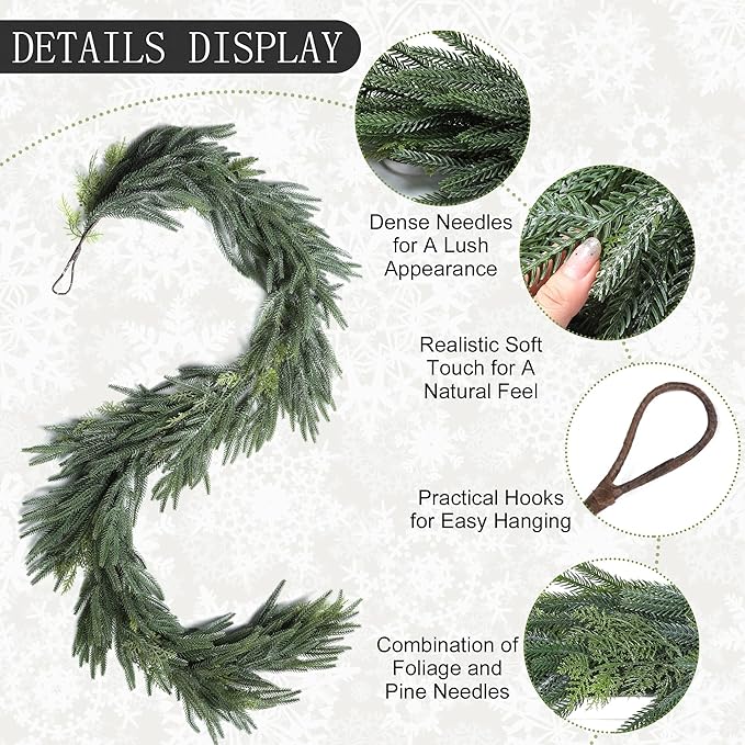 Fovths 6 Ft Christmas Garlands with Lights and Bells Real Touch Norfork Cedar Pine Garland Artificial Greenery Garlands for Christmas Mantle, Table Indoor Outdoor Decorations, Green and White