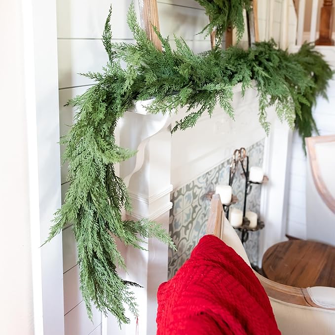 Real Touch Cedar Garland Artificial Realistic, Faux Cedar Garland Realistic, Realistic Christmas Garland for Mantle, Stairs, Table, Real Touch Garlands Fireplace (Extra Full, 6 Foot)