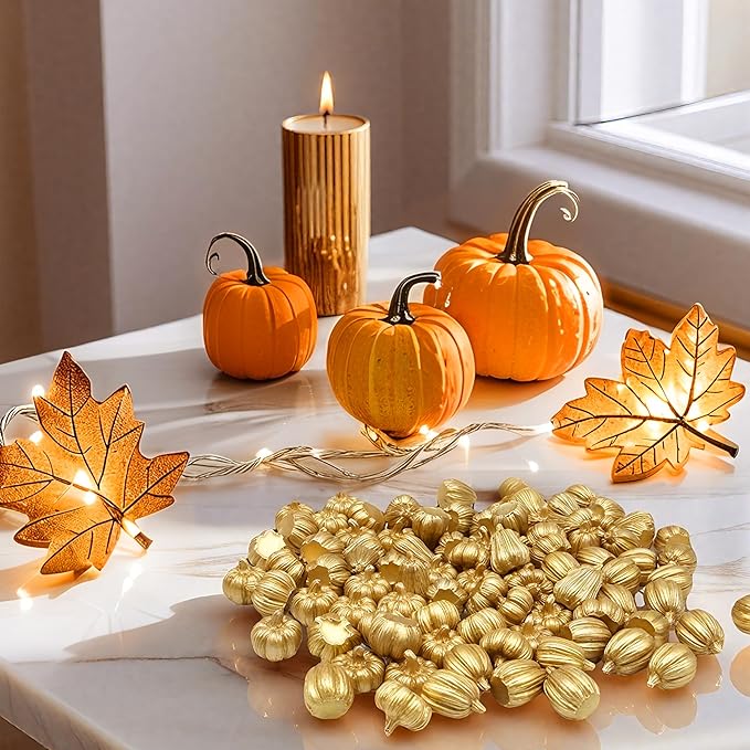 100Pcs Mini Pumpkins for Crafts, Small Pumpkin in Bulk, Gold Decorative Pumpkins, Artificial Tiny Resin Miniature Pumpkin for Decorating, Home Decor, Fall, Thanksgiving, Halloween