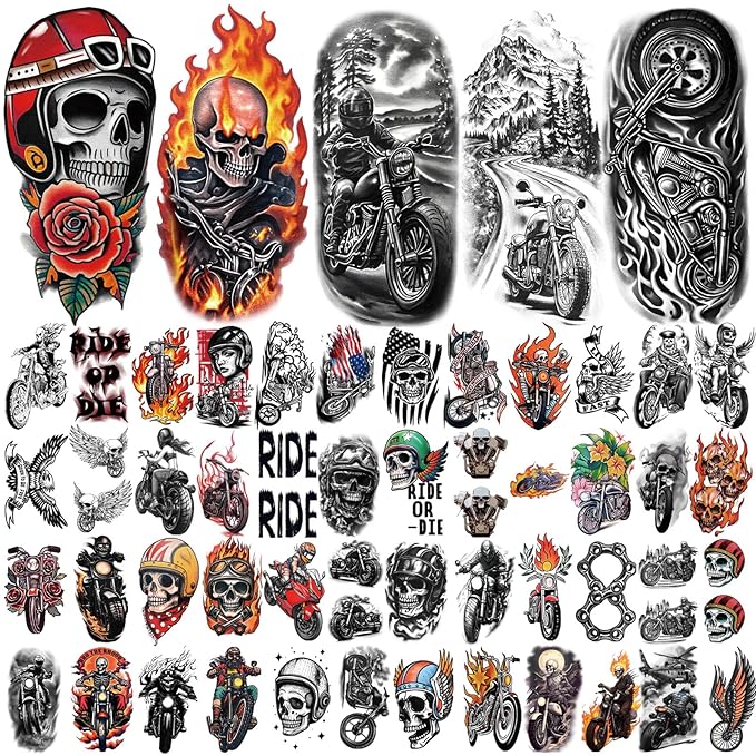 77 Sheets Motorcycle Temporary Tattoo for Women Men, 17 Sheets Half Arm Large Wing Skull Flowers Fake Tattoos, 60 Sheets Black Tiny for Adult Kids Party Body Tattoos Stickers Realistic