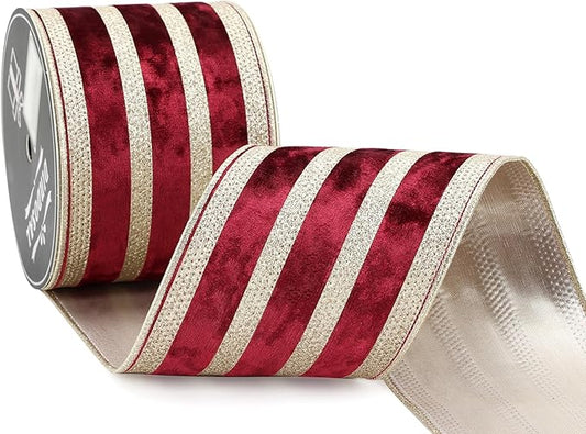 Burgundy Velvet Wired Ribbon with Champagne Glitter Stripe 4 Inch Crushed Velvet Extra Wide Christmas Ribbon, 10 Yards for Gift Wrapping, Crafts, Tree Decorations, Wreath Supplies, Garlands