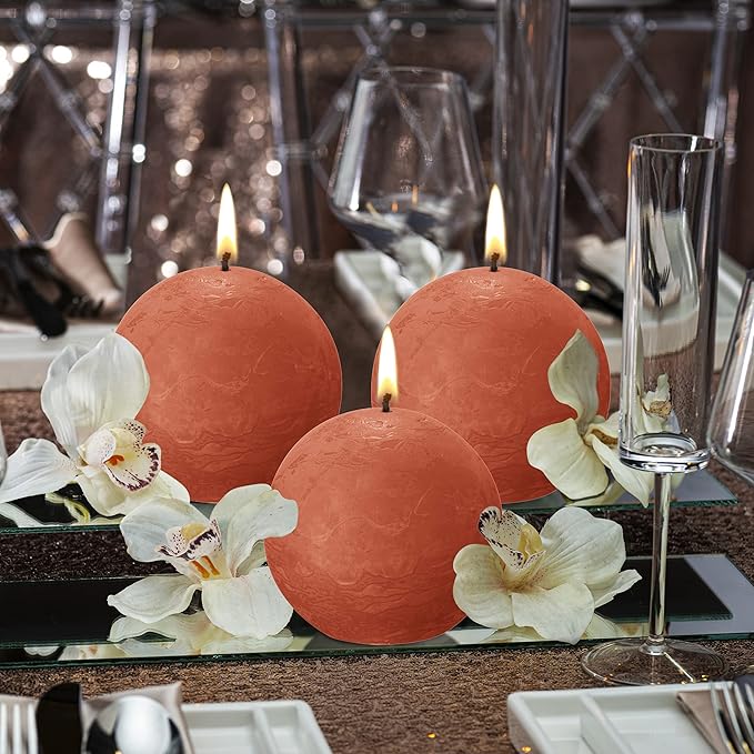 BOLSIUS 3 Pack Orange Rustic Ball Pillar Candles - 3 Inch - Premium European Quality - Includes Natural Plant-Based Wax - Unscented Dripless Smokeless 25 Hour Party Décor and Wedding Candles