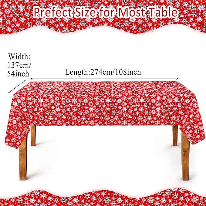 Mornajina 4 Packs 108 x 54 Inch Snowflake Tablecloth Merry Christmas Party Tablecloth Decorations Disposable Rectangle Plastic Snowflake Table Cloth (Red)