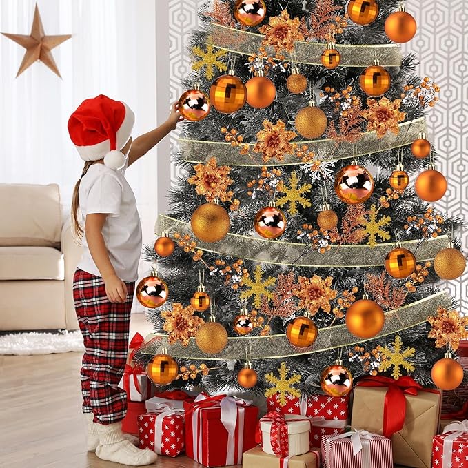 Sratte 94 Pcs Christmas Tree Decorations Set, Christmas Tree Ball Ornaments Glitter Poinsettia Flowers Decorations Glitter Berries Stems for Xmas Holiday Wedding(Orange)