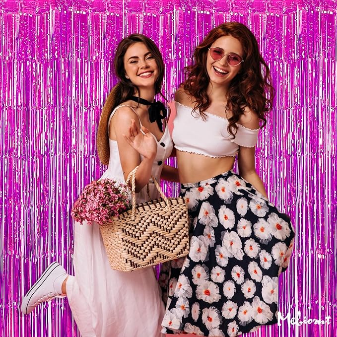 4 Pack Fuchsia Fringe Curtain Backdrop, 3.2Ft x 9.8Ft Metallic Tinsel Foil Fringe Streamers Background for Photo Booth Birthday Wedding Baby Shower Carnival Easter Mother’s Day Party Decorations