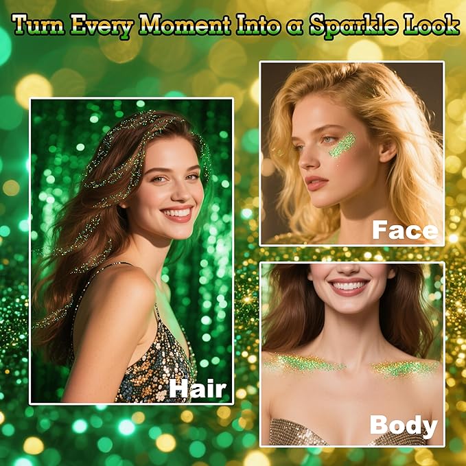 MEICOLY Gold and Green Face Glitter Stick,Hair Glitter Stick for Kids and Women,Green and Gold Spirit Wear Alien Makeup Accessories,Sparkle Body Glitter Makeup for Mardi Gras Carnival Festival Party