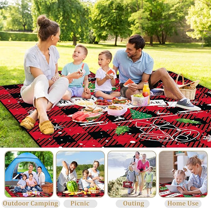 Poedist Christmas Extra Large Picnic Blanket Waterproof,80"x 80"Foldable Machine Washable Beach Blanket,Outdoor Blanket for 6-8 Adults,Suitable for Crawling,Park Beach,Camping,Hiking,Family