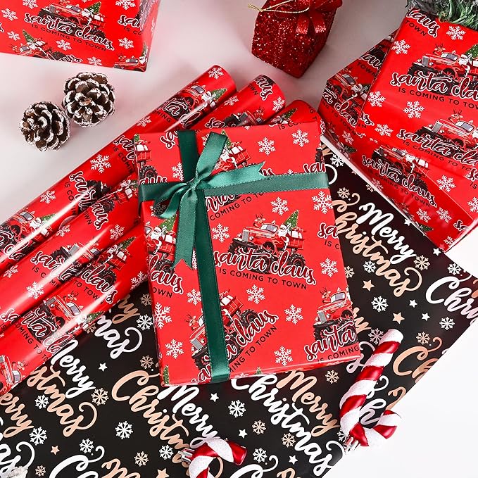 Vnaaem Reversible Monster Truck Christmas Wrapping Paper Roll for Kids Men - Red Xmas Truck, Santa Claus & Merry Christmas Lettering Design Gift Wrap for Holiday Party Celebration, DIY Craft - 17 In X 20 Ft(Total 28.5sq.ft)