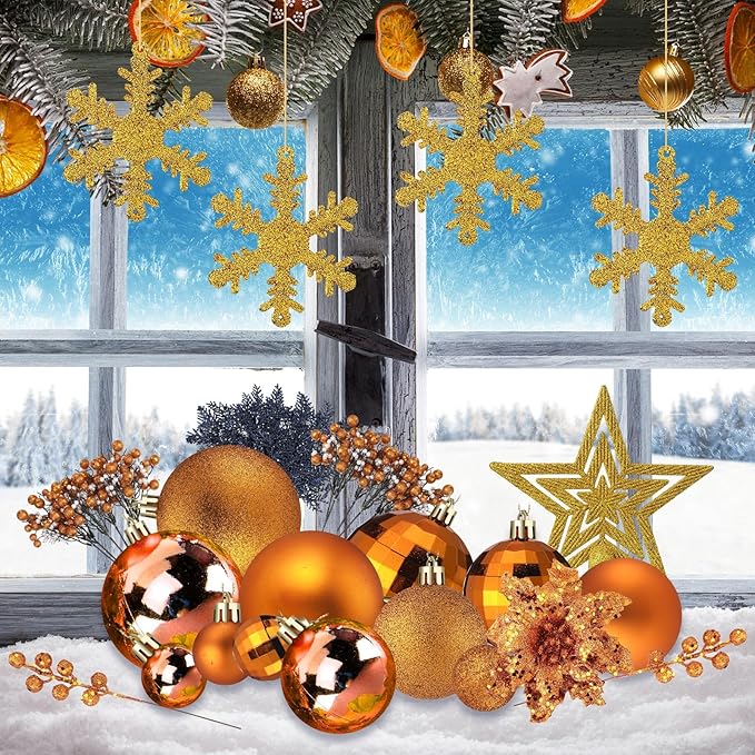 Sratte 94 Pcs Christmas Tree Decorations Set, Christmas Tree Ball Ornaments Glitter Poinsettia Flowers Decorations Glitter Berries Stems for Xmas Holiday Wedding(Orange)