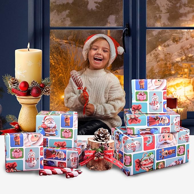 Vnaaem Funny Christmas Wrapping Paper Roll - Xmas Santa Claus, Reindeer, Nutcracker, Snowman Design Gift Wrap for Holiday Party Celebration, DIY Craft - 17 In X 20 Ft(Total 28.5sq.ft)