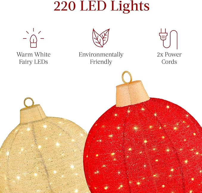 Best Choice Products 2pc Lighted Pop-Up Outdoor Christmas Ornament Set, Holiday Ball Decoration w/ 220 LED Lights, 8 Light Functions - Red/Gold