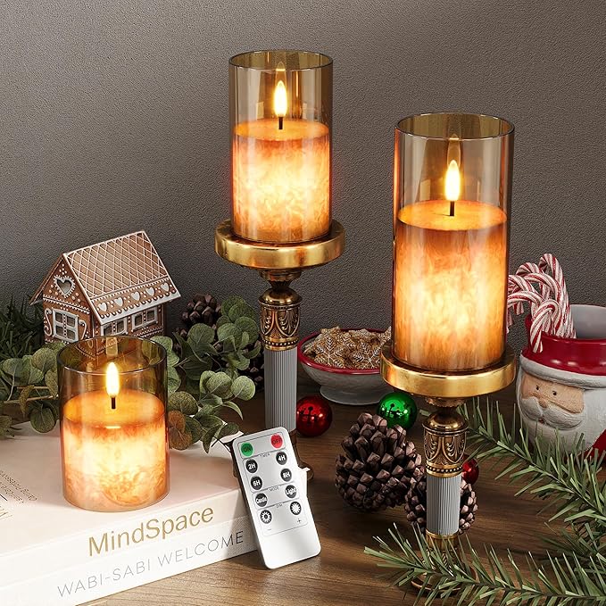 Ice Crystal Real Wax Glass Flameless Candles with Remote & Timer, Battery Operated Candles with Warm Flickering Flame, Realistic LED Candle for Wedding Home Decor [D3×H4/5"/6"] Gold, 3Pack