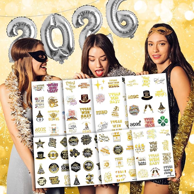 Happy New Year 2026 Temporary Tattoos Stickers – 96PCS Gold New Year’s Eve Party Favors, Decorations, Countdown Celebration Supplies, Holiday Festival Accessories Gifts for Kids and Adults