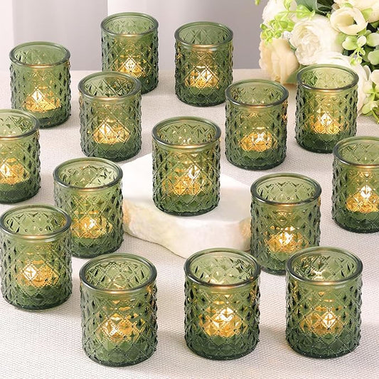 36 Pcs Green Votive Candle Holders, Green Tea Light Holders for Wedding and Dining Holiday Table Decor, Glass Candle Holders for Christmas Home Decoration, Vintage Parties and Gifts
