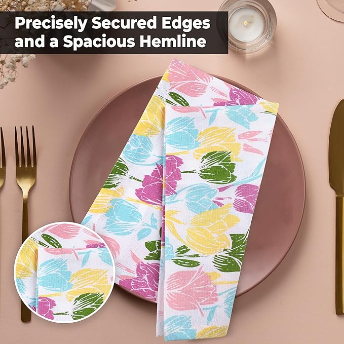 Urban Villa Easter Cloth Napkins Tulip Print 100% Cotton Absorbent Dinner Napkins (Set of 12) Oversized 20x20 Inches Soft Durable Reusable Washable Napkins Ideal for Everyday Use Parties Wedding
