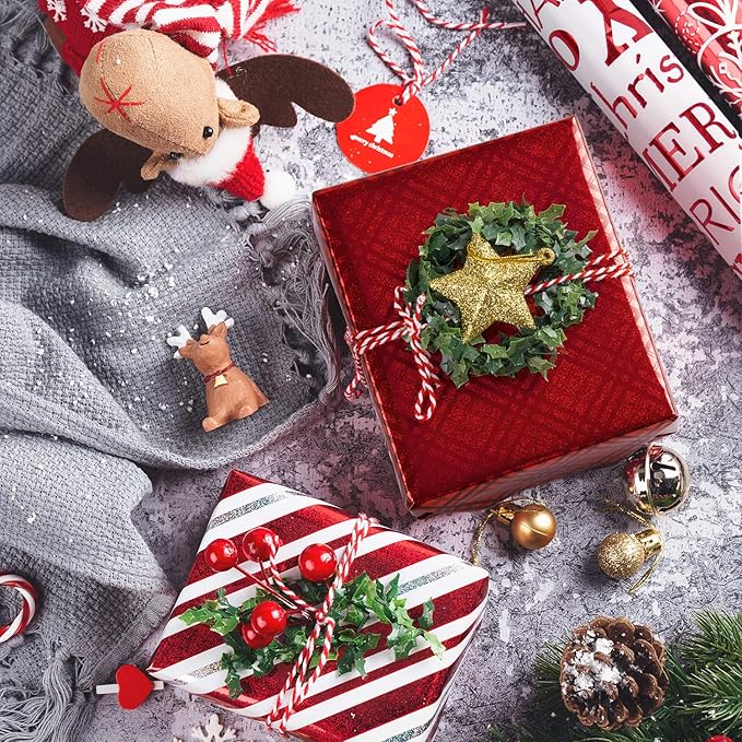 WRAPAHOLIC Christmas Wrapping Paper Set - Red and White Metallic Foil Shine Christmas Wrapping Paper Bundle with Gift Bow & Ribbon & Tag & Sticker