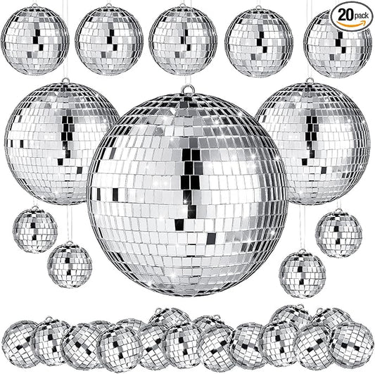 MTLEE 20 Pcs Disco Balls Decoration Mirror Disco Ball Assorted Silver Mini Glass Different Sizes Reflective with Rope for 70s Wedding Dance Music(4, 3. 2, 2 Inch)