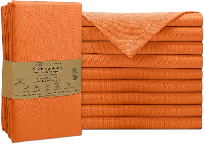 Ruvanti Premium Cloth Napkins Set of 12, 18x18 Inches, 100% Cotton, Washable, Soft & Absorbent, Perfect for Wedding, Christmas, ‎Thanksgiving Dinners - Orange Peel