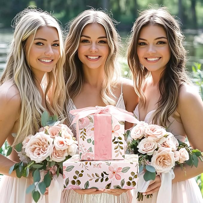 BIOBROWN Reversible Floral Wrapping Paper Roll - 17 Inches X 33 Feet (47 sq. ft. ttl.) Pink Watercolor Roses Design Flower Gift Wrap for Wedding, Bridal Shower, Mother's Day
