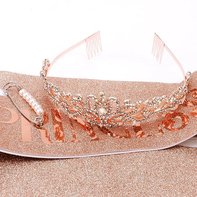CIEHER Princess Crown and Birthday Sash Set - Tiara for Women, Girls Birthday Decorations and Gifts - Rose Gold