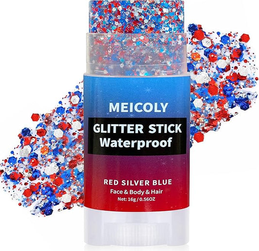MEICOLY Red White and Blue Face Body Glitter Stick,Hair Glitter Stick for Kids and Women,Sparkle Patriotic Pride Chunky Glitter Makeup for Memorial Day,4th of July Accessories Outfits for Women