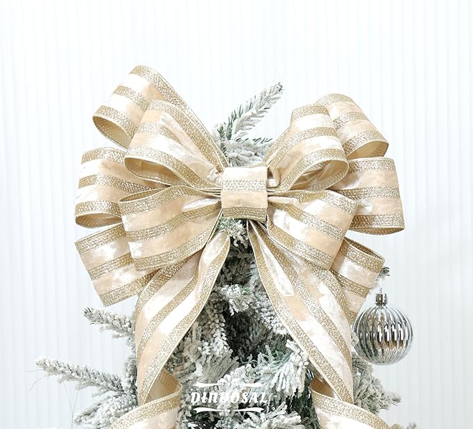 Champagne Velvet Wired Ribbon with Glitter Stripe 2.5 Inch Crushed Velvet Christmas Ribbon, 10 Yards for Gift Wrapping, Crafts, Christmas Tree Decorations, Wreaths, Garlands