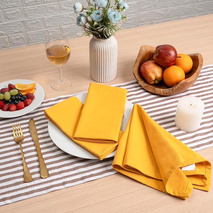 Blue Needles Solid Cloth Napkins Set of 12 Golden Yellow 100% Cotton Dinner Napkins 18x18 inches - Soft, Reusable, Absorbent & Washable Fall Thanksgiving Linen Ideal for Events, Parties & Everyday Use