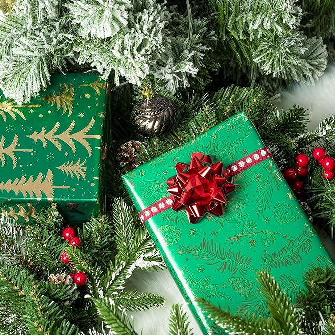MAYPLUSS Christmas Wrapping Paper Roll - Mini Roll - 17 inch X 120 inch Per roll - 3 Different Green Design with Glitter Metallic Foil Shine (42.3 sq.ft.ttl)
