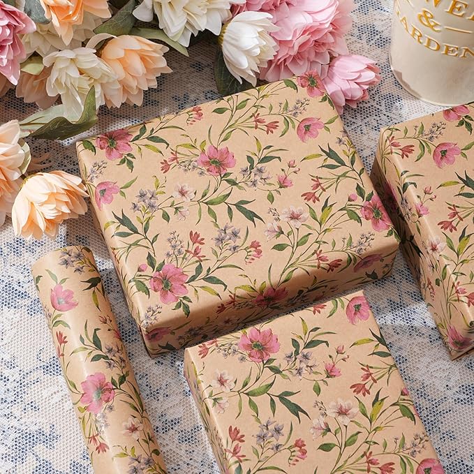 ZINTBIAL Kraft Floral Wrapping Paper Roll - Pink and Purple Floral Design, 17 Inches x 16.5 Feet, Gift Wrap for Wedding, Bridal Shower, Birthday, Mother's Day, Cut Lines on Back