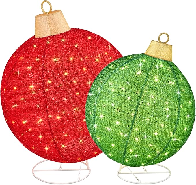 Best Choice Products 2pc Lighted Pop-Up Outdoor Christmas Ornament Set, Holiday Ball Decoration w/ 220 LED Lights, 8 Light Functions - Red/Green