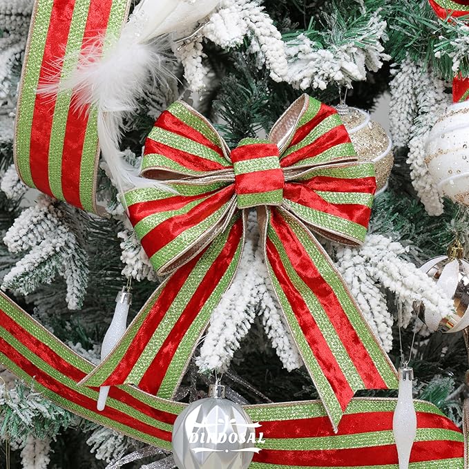 Red Velvet Wired Ribbon with Lime Green Glitter Stripe 2.5 Inch Crushed Velvet Christmas Ribbon, 10 Yards for Gift Wrapping, Crafts, Christmas Tree Decorations, Wreaths, Garlands