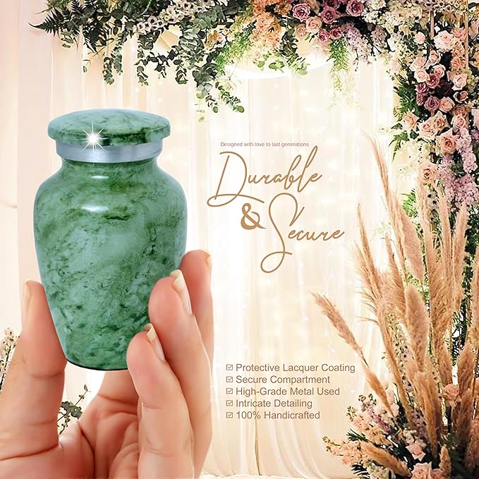 Small Keepsake Urn for Human or Pet Ashes – Handcrafted Light Green Marble Mini Urn with Velvet Bag & Gift Box | Durable Metal Memorial Token Jar for Baby, Infant, Pet or Loved One – 3 Cu in
