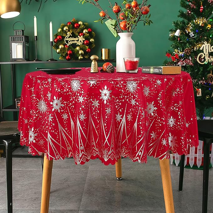 LUSHVIDA Christmas Round Table Cloth – Washable Water Resistance Holiday Microfiber Tablecloth Decorative Table Cover for Banquet Party Kitchen Dining Room, 60 Inch